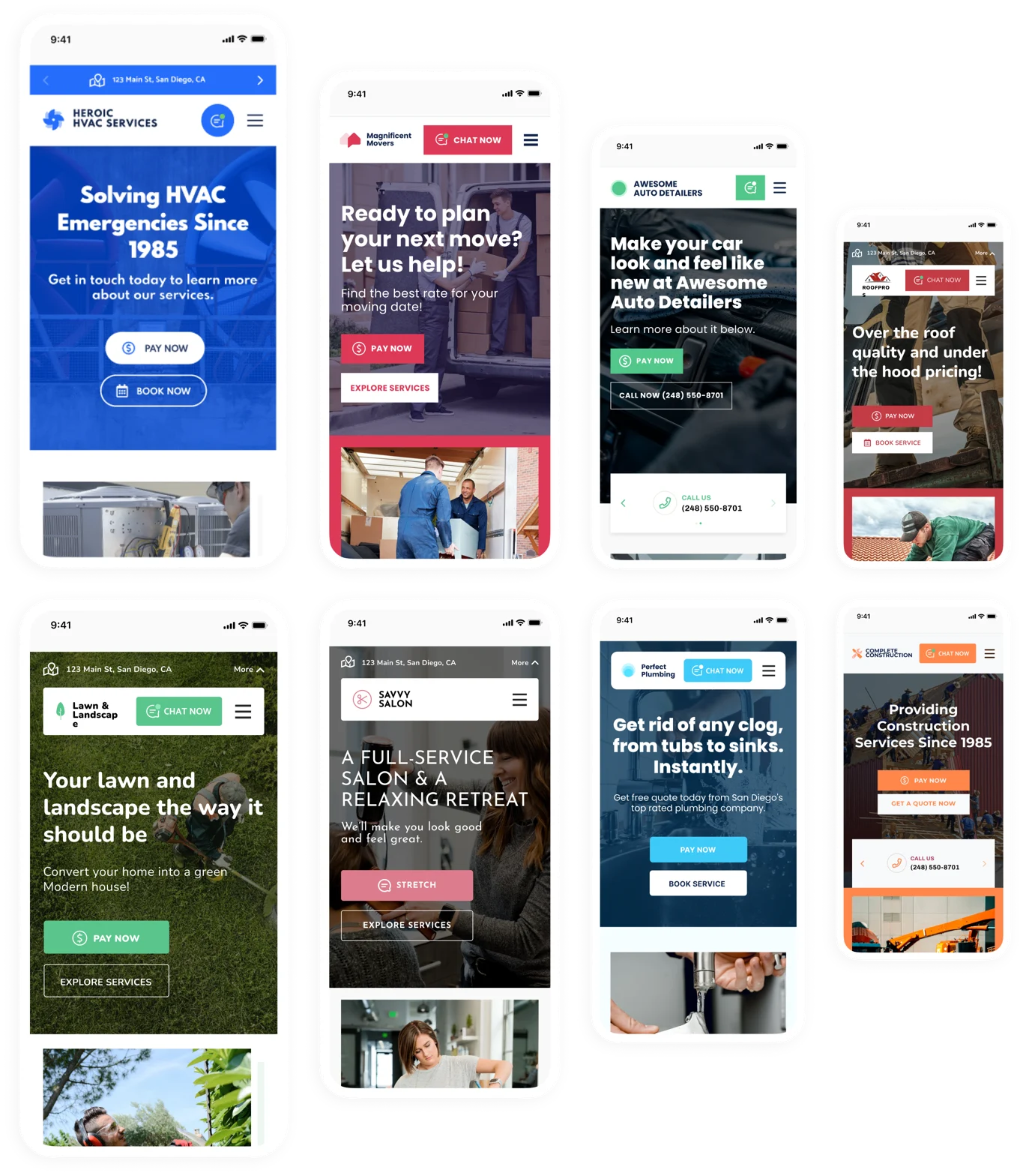 Concept designs on phone screens for HVAC, moving, auto detailing, roofing, lawn care, salon, plumbing and construction businesses