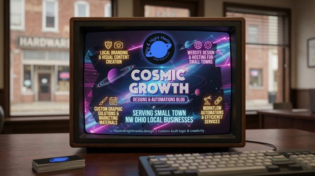 a tv monitor sitting on desk with the words cosmic growth and Day and Night Media's brand with a keyboard