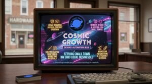 a tv monitor sitting on desk with the words cosmic growth and Day and Night Media's brand with a keyboard
