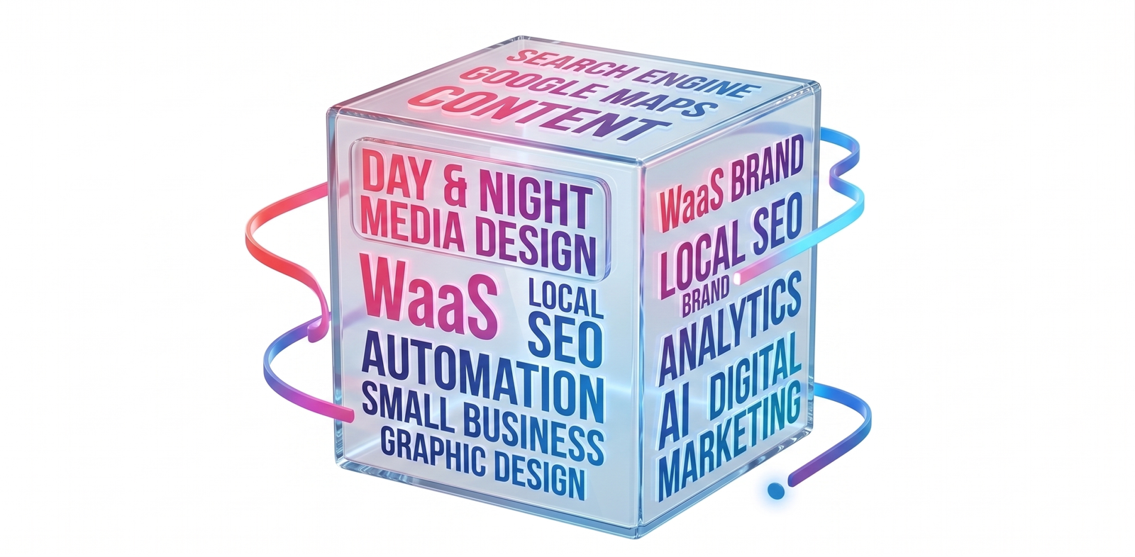 3d glass cube with graphic design word cloud